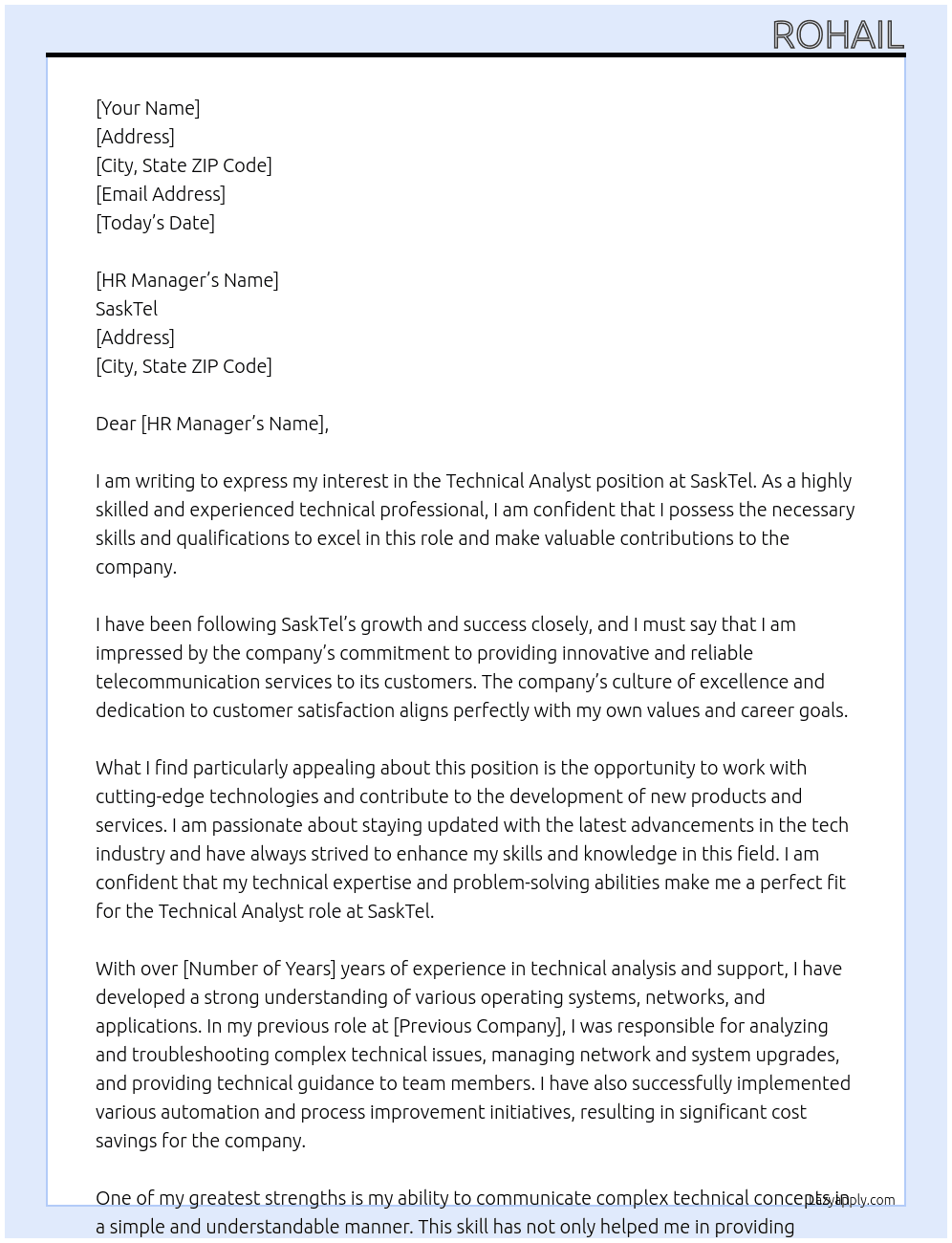 Technical Analyst At SaskTel Cover Letter