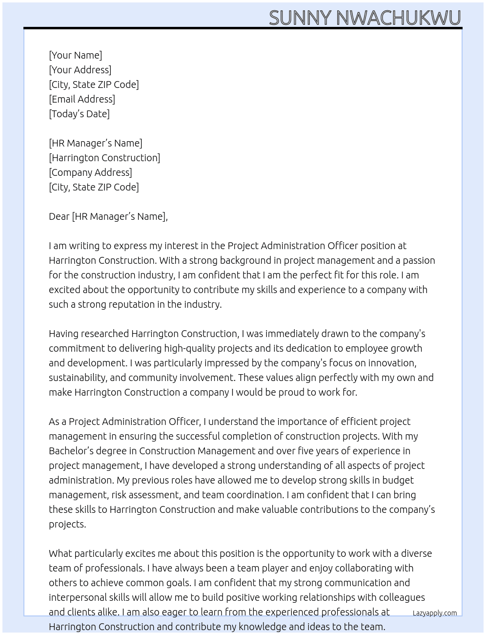 Project Administration Officer At Harrington Construction Cover Letter