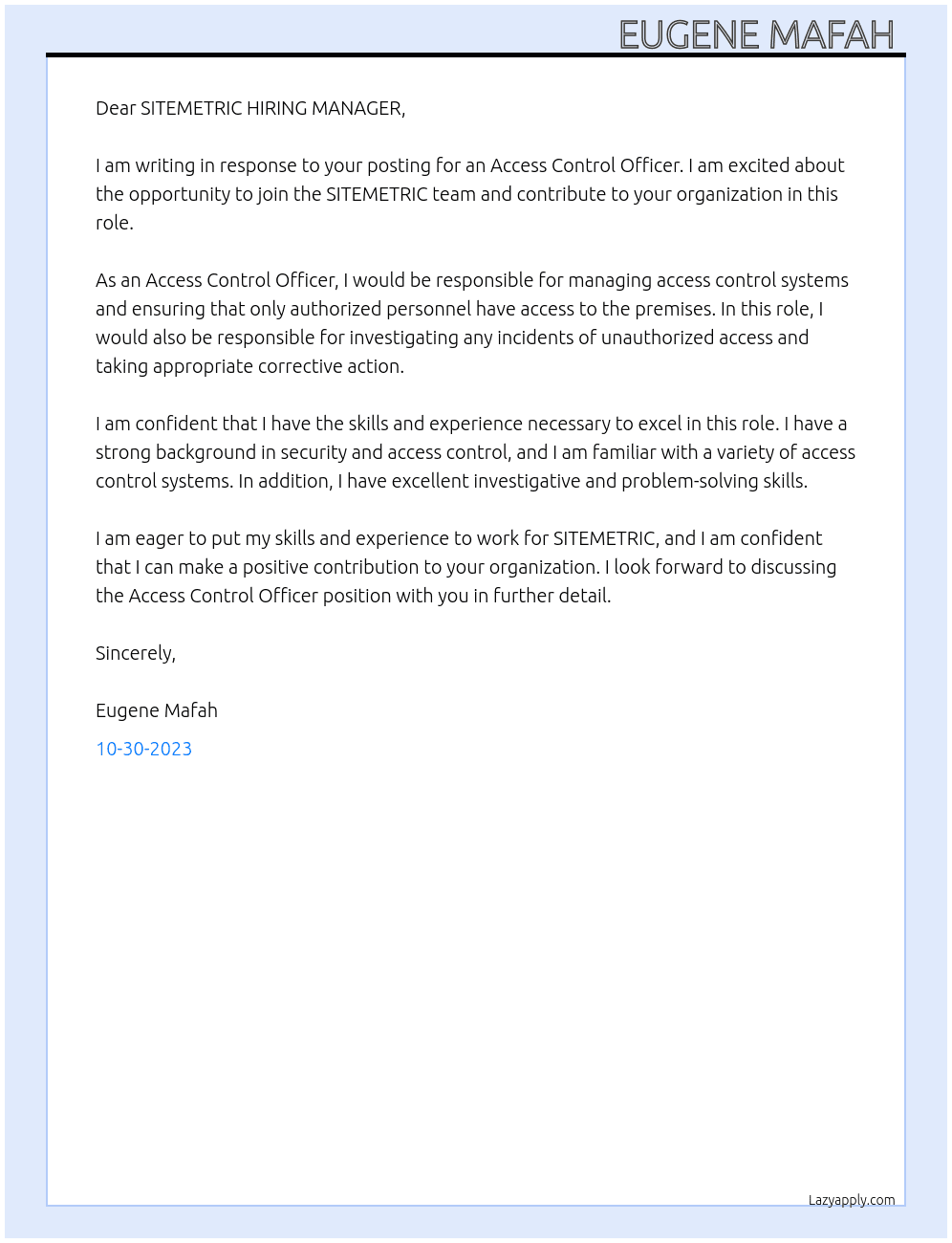 Access Control Officer At SITEMETRIC Cover Letter
