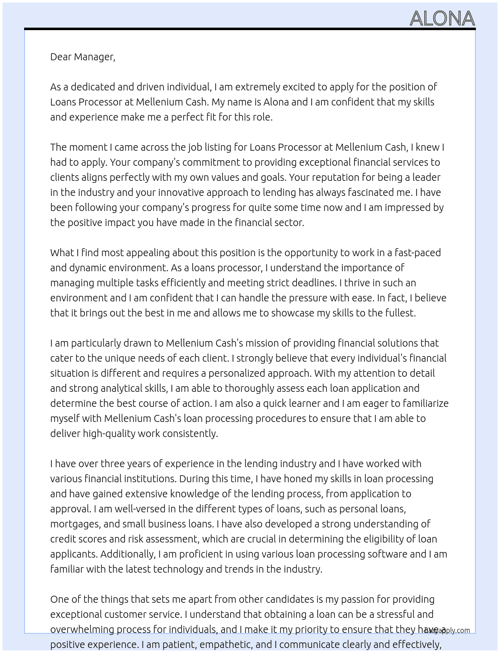 loans processor  At mellenium cash Cover Letter