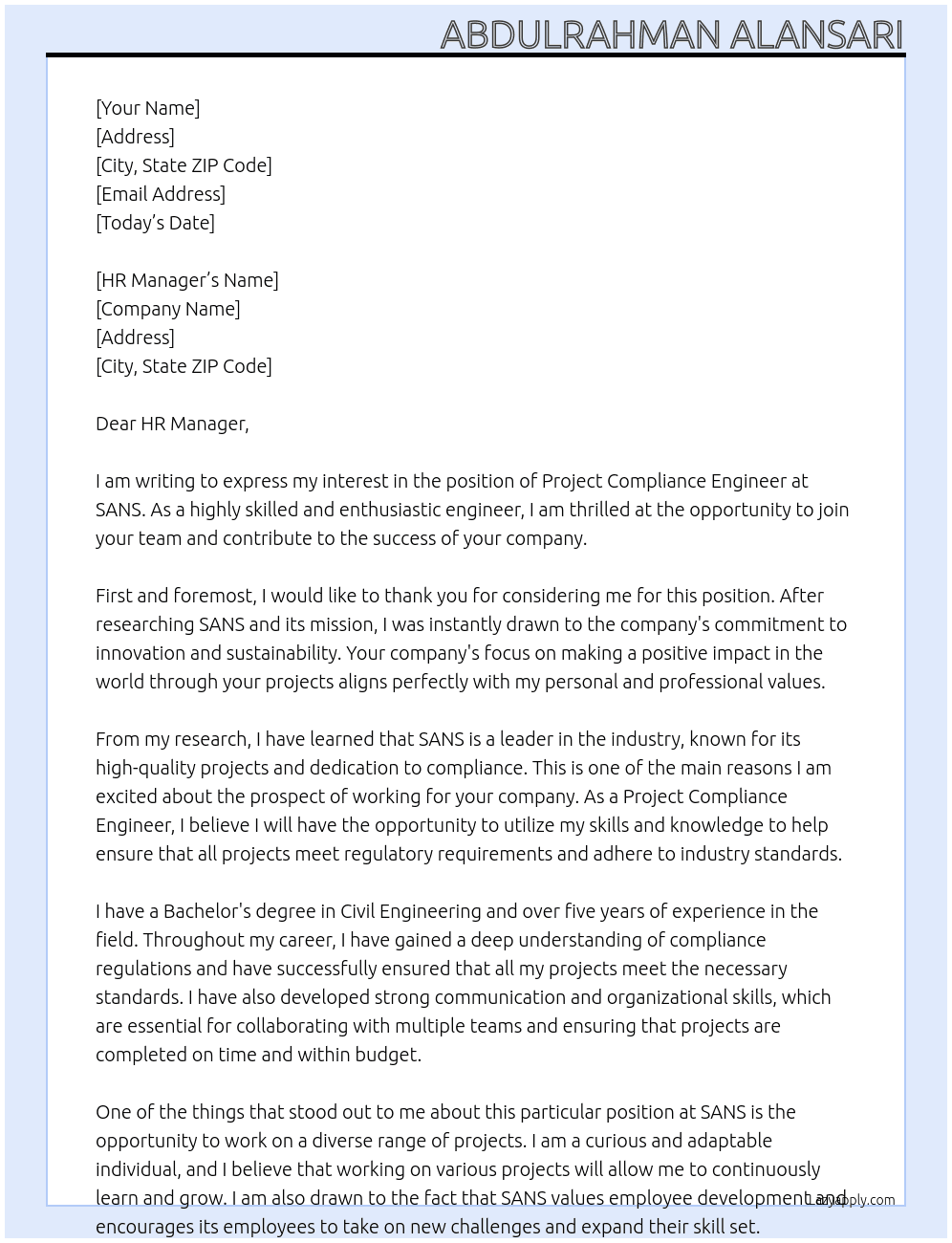 Project Compliance Engineer At SANS Cover Letter