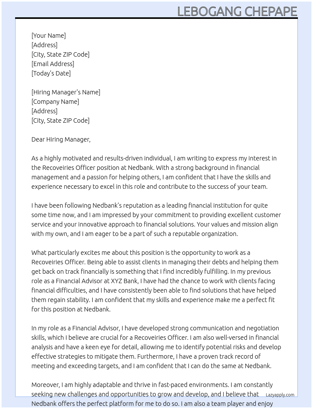 Cover letter for recoveiries officer - LazyApply