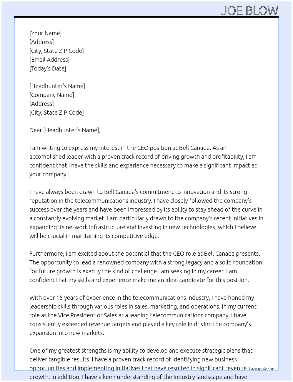 CEO At Bell Canada Cover Letter