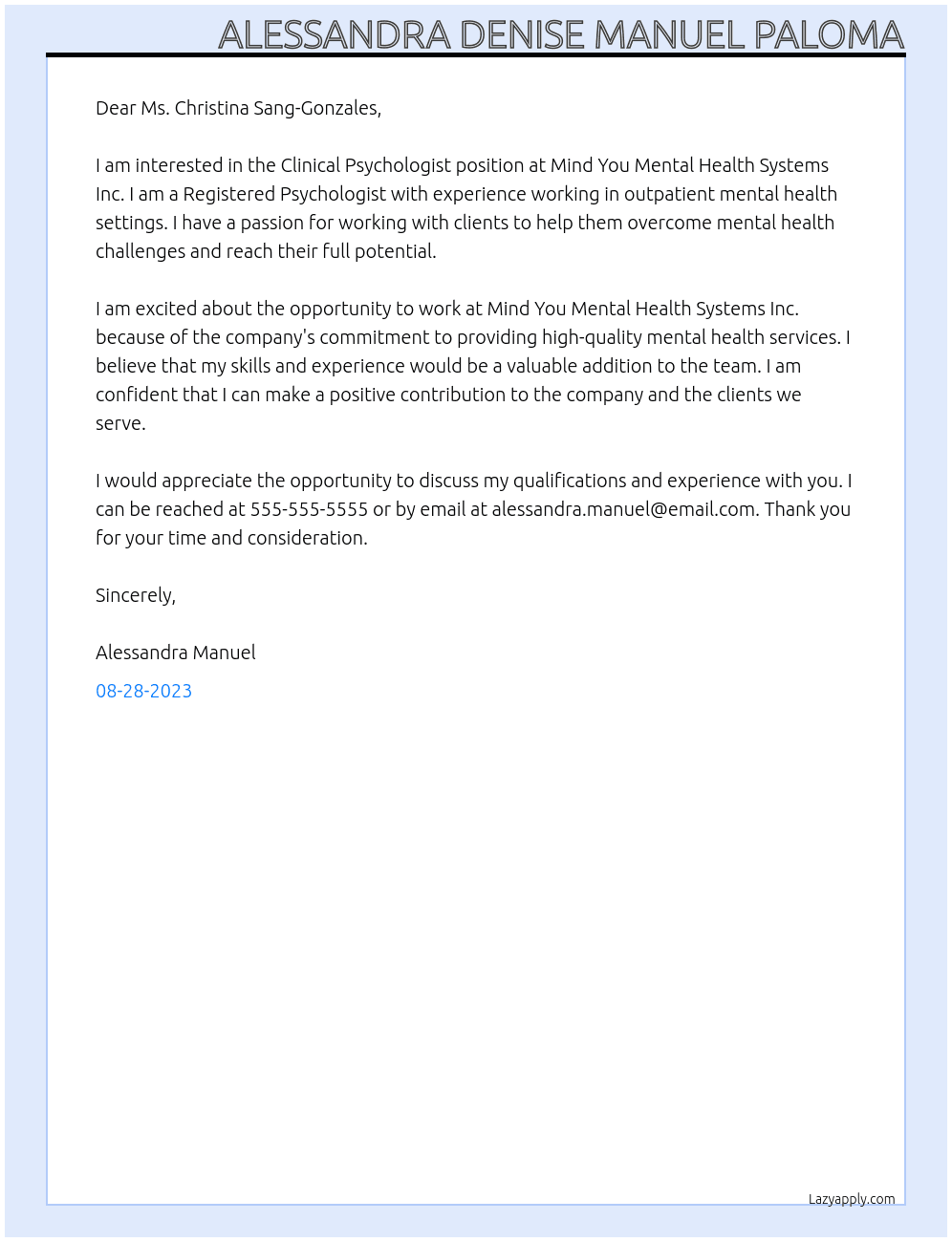 Clinical Psychologist At Mind You Mental Health Systems Inc. Cover Letter