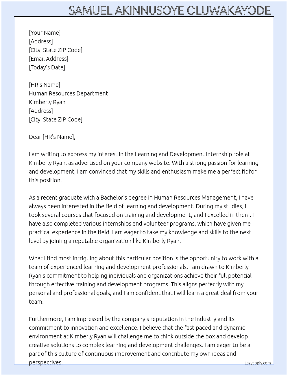 Learning and Development  At Kimberly Ryan  Cover Letter