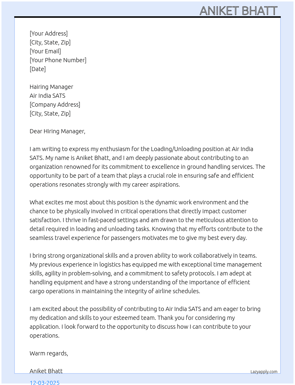 Cover letter for loading/unloading - LazyApply