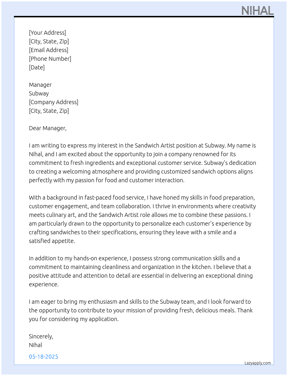 sandwish artist At subway Cover Letter