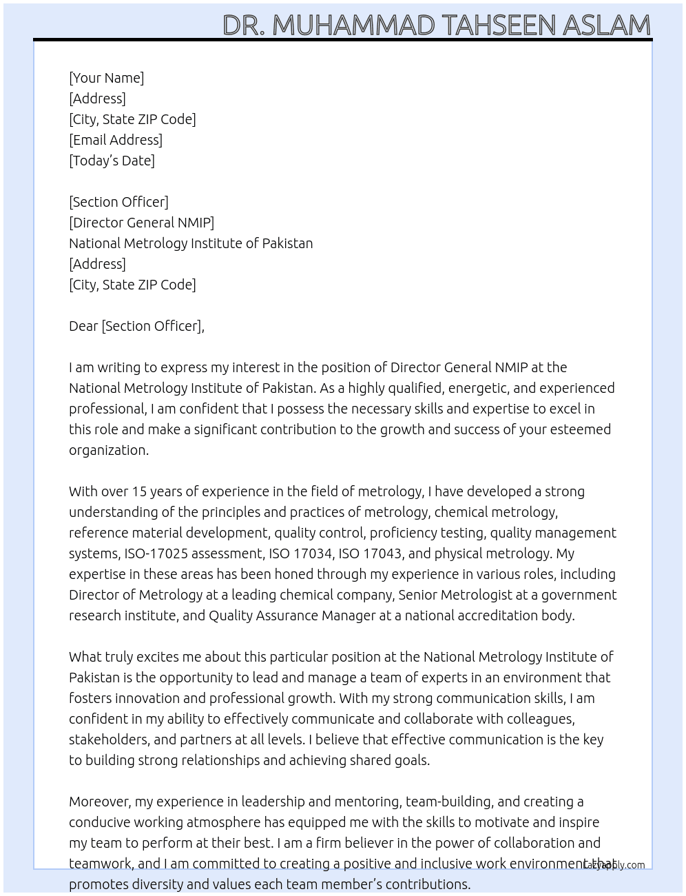 Director General NMIP At National Metrology Institute of Pakistan Cover Letter