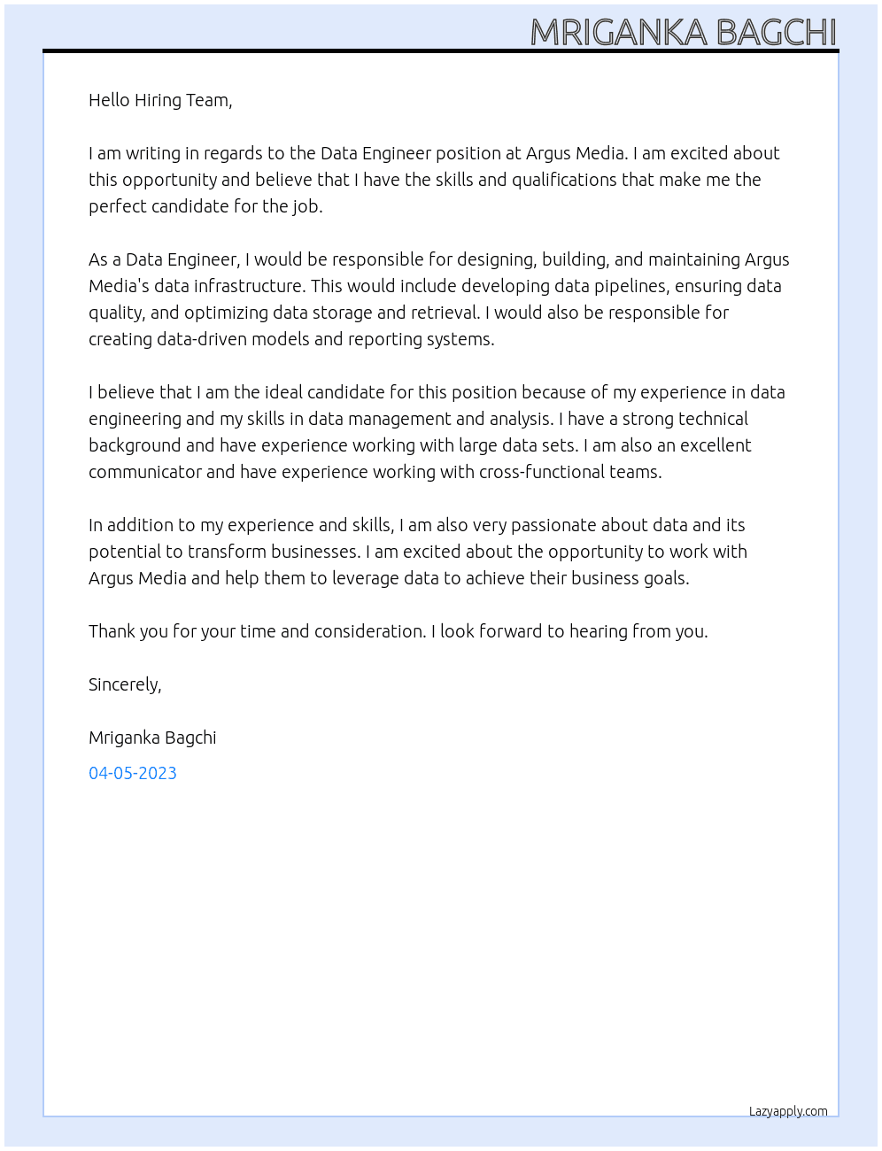 Data Engineer At Argus Media Cover Letter