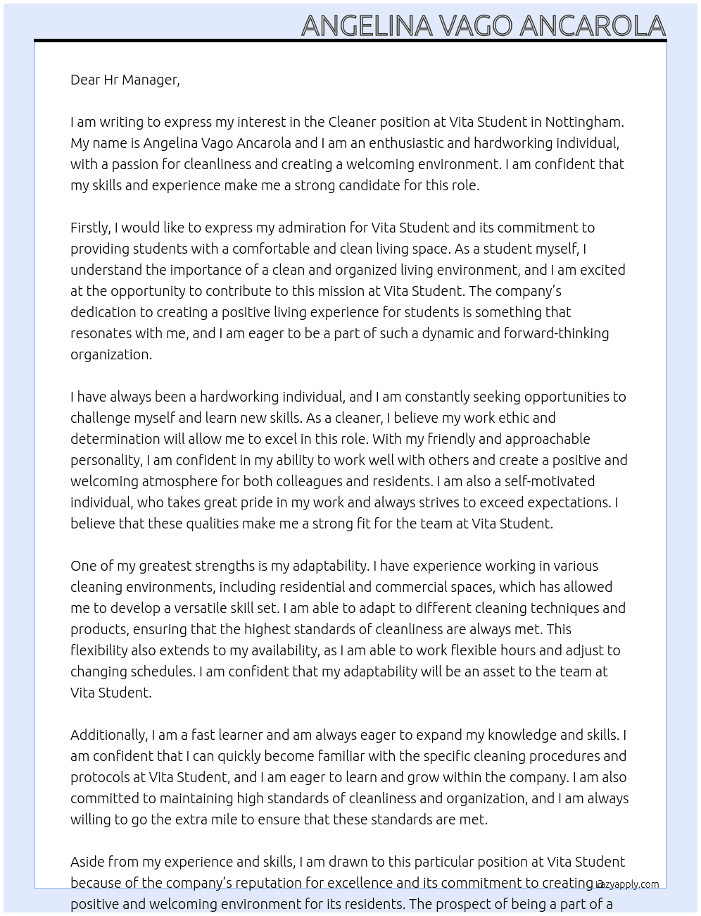 Cleaner At Vita Student Cover Letter