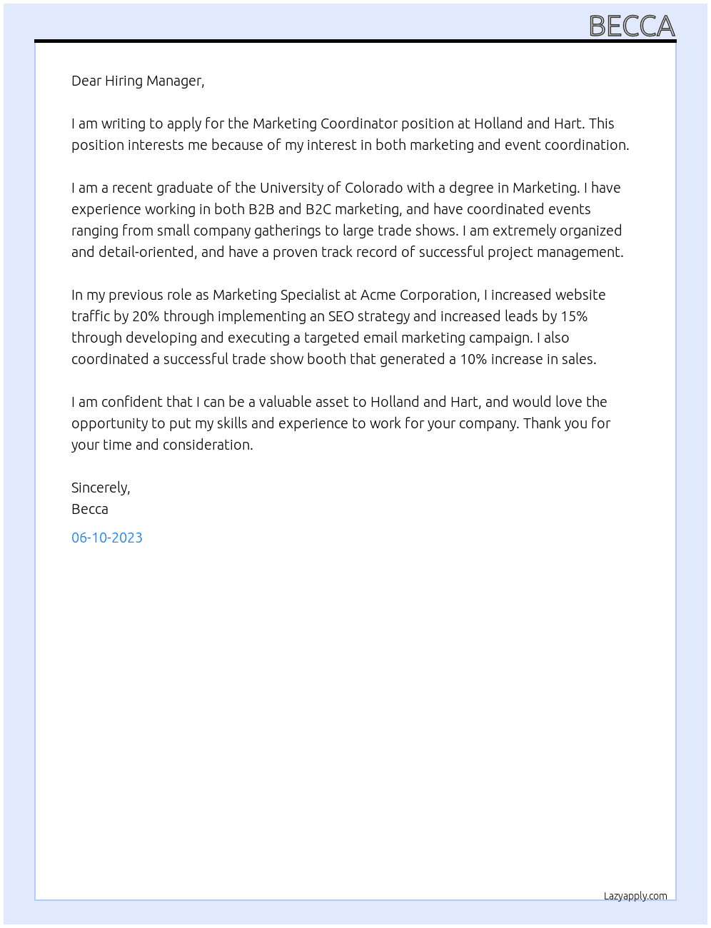 Marketing Coordinator At Holland and Hart Cover Letter