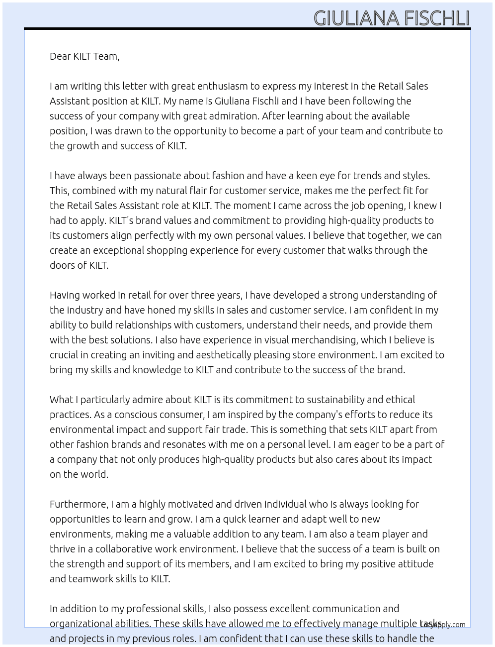 Retail sales assistant  At KILT Cover Letter