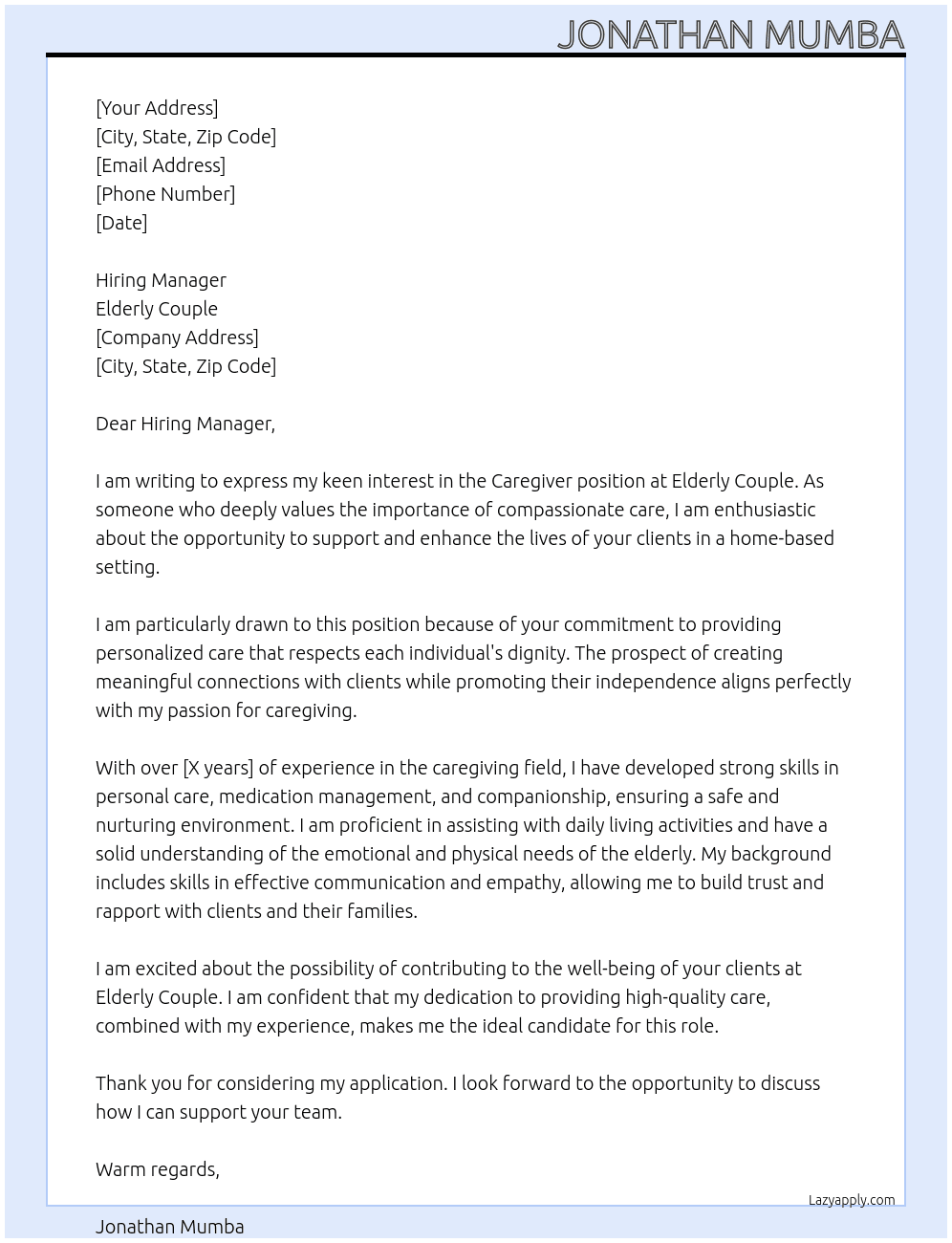 Cover letter for caregiver home based care - LazyApply