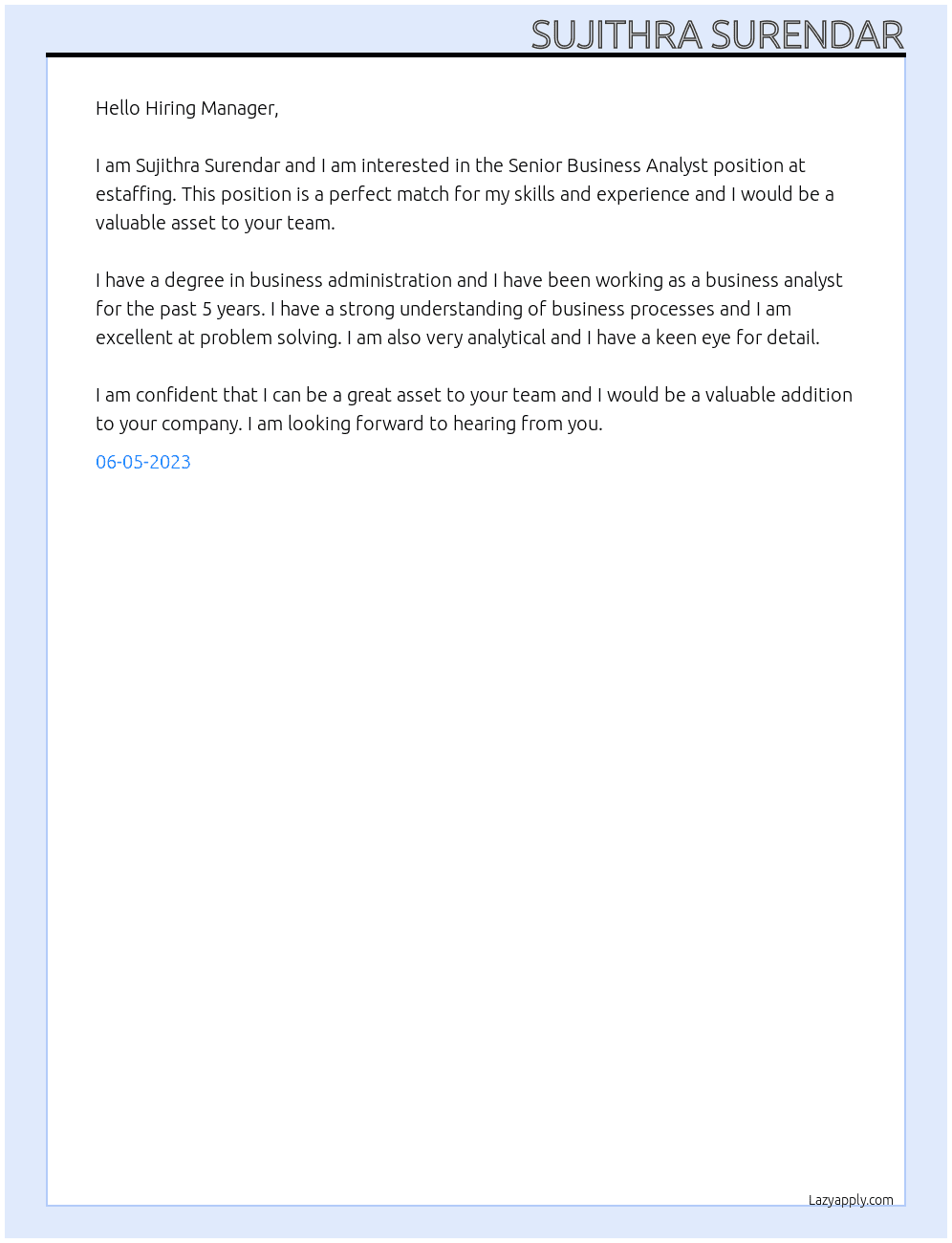 Senior Business Analyst At estaffing Cover Letter
