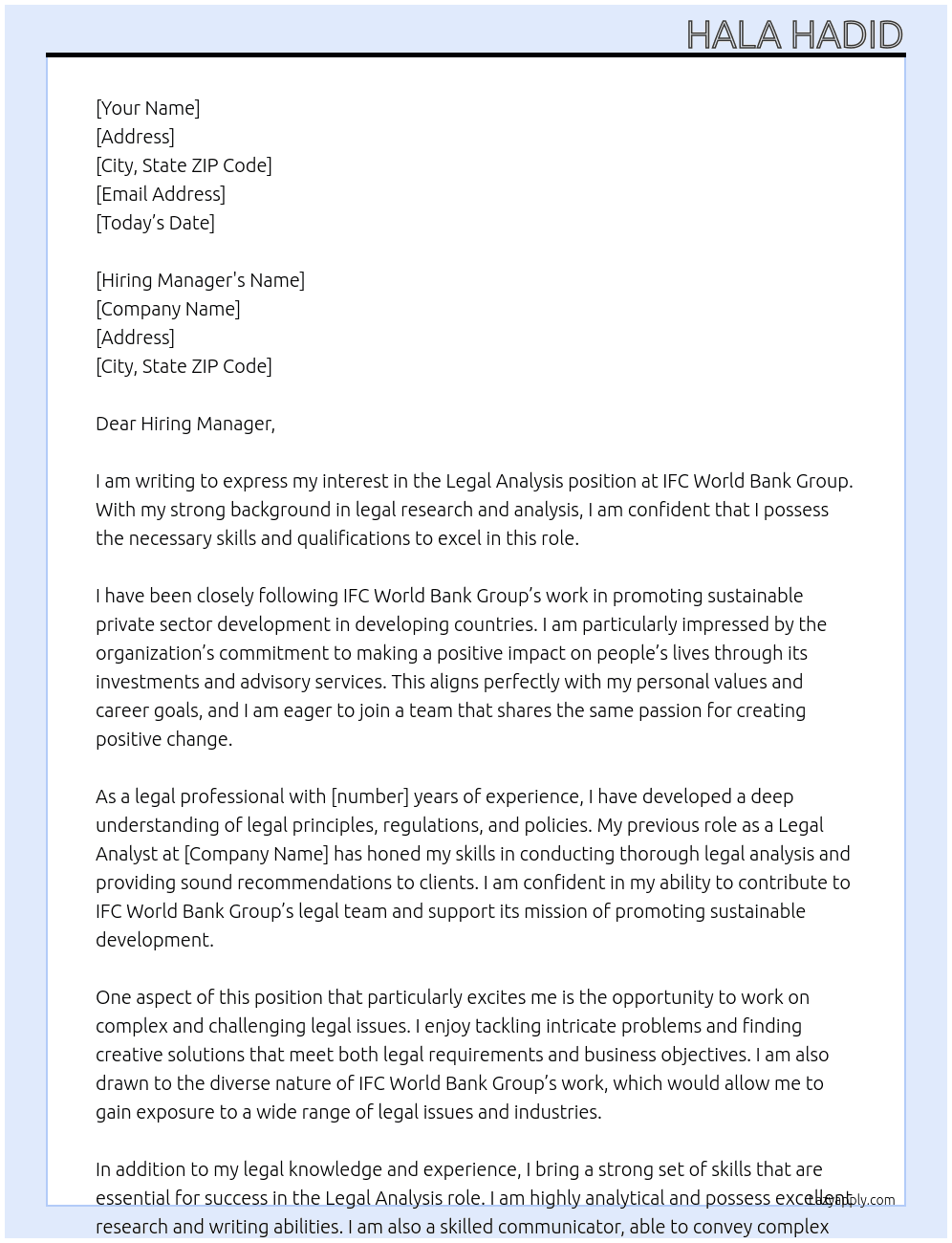 legal analysis  At IFC World bank group Cover Letter