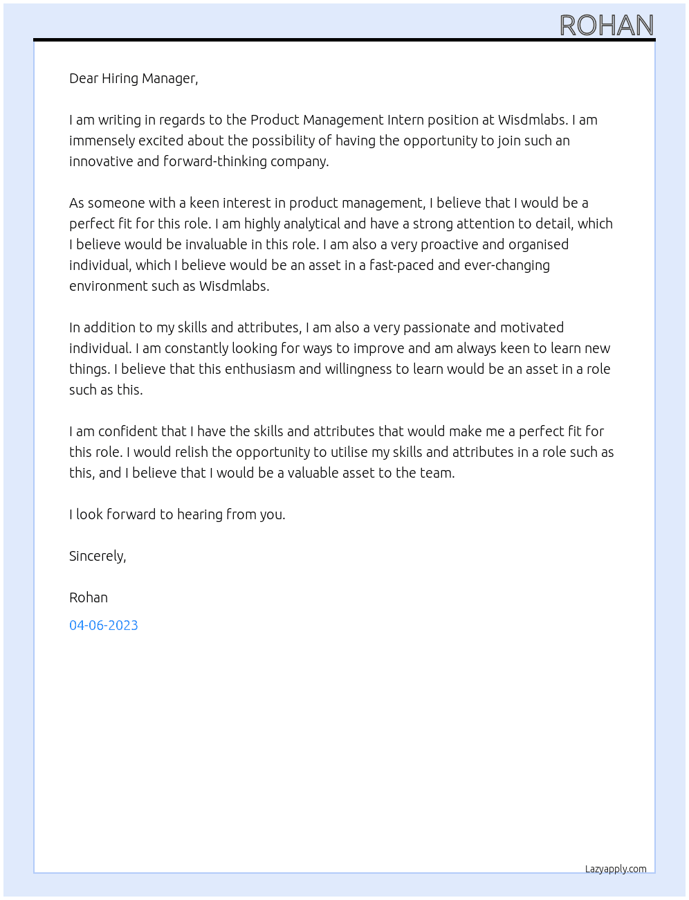 Product Management Intern At Wisdmlabs Cover Letter