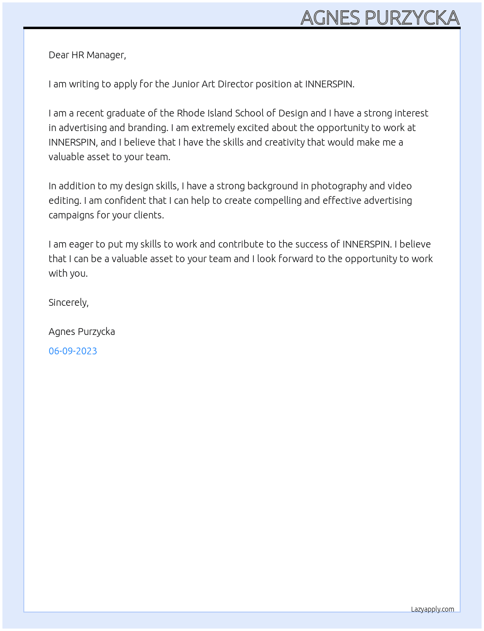 Junior Art Director At INNERSPIN Cover Letter
