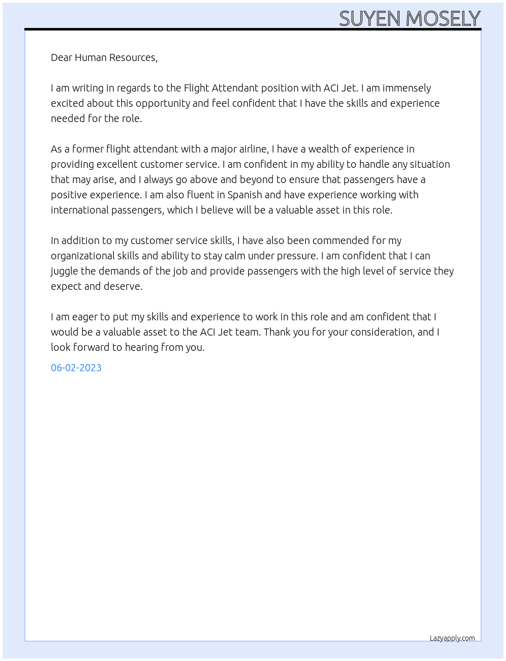 Flight Attendant At ACI Jet Cover Letter