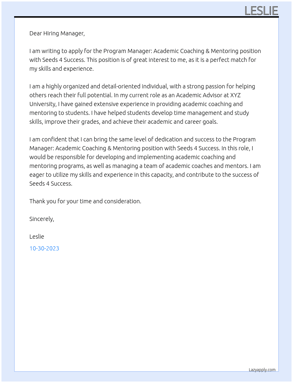 Program Manager: Academic Coaching & Mentoring At Seeds 4 Success Cover Letter