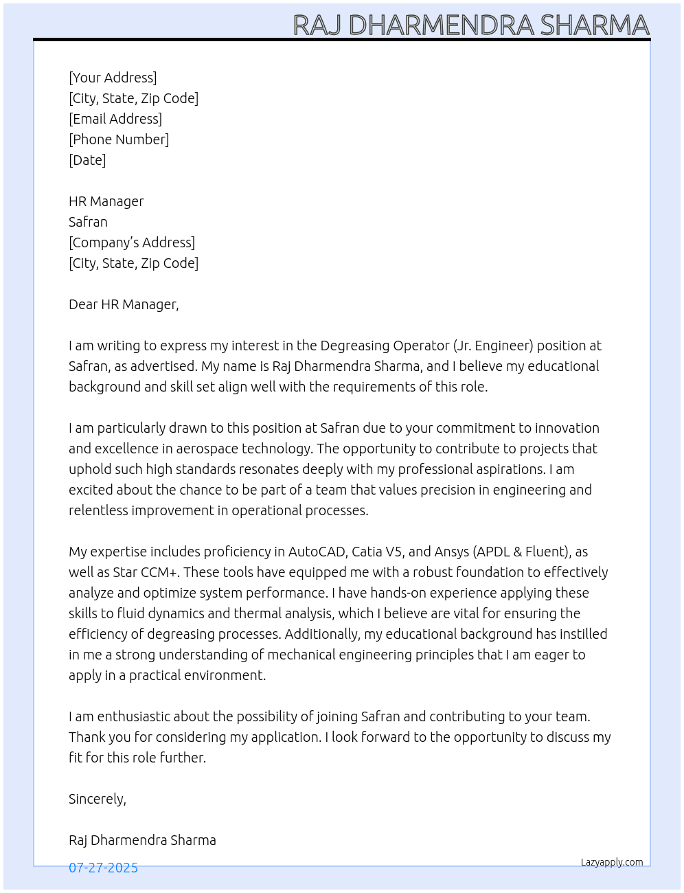 Degreasing Operator (Jr. Engineer) At Safran Cover Letter