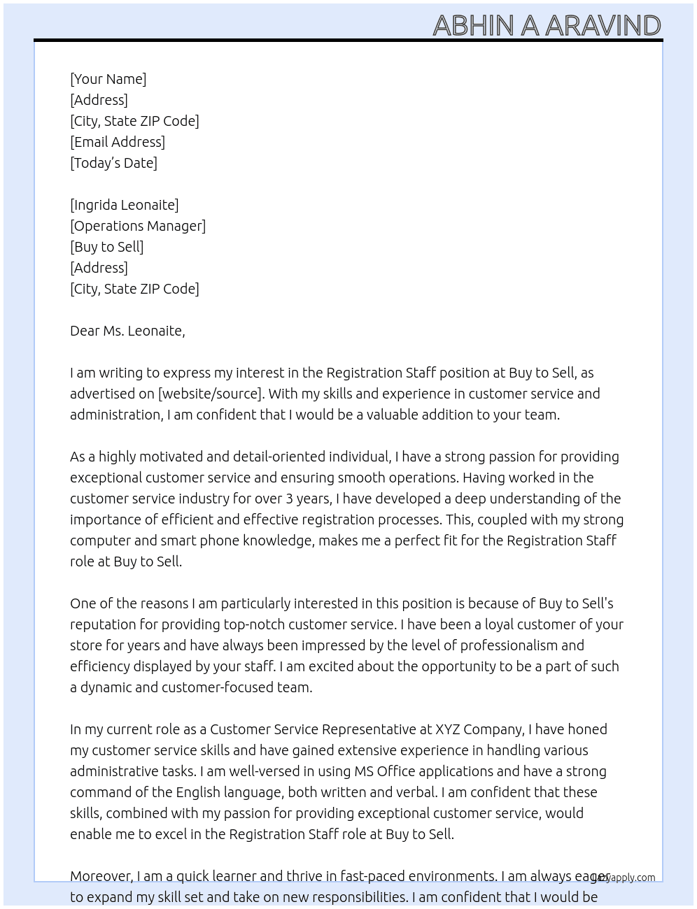 Cover letter for registration staff - LazyApply