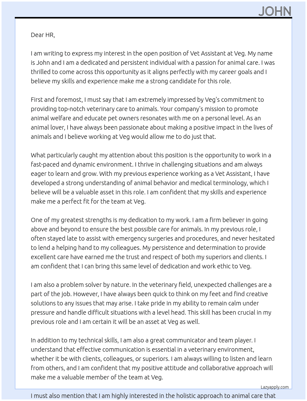 Vet assistant  At veg Cover Letter