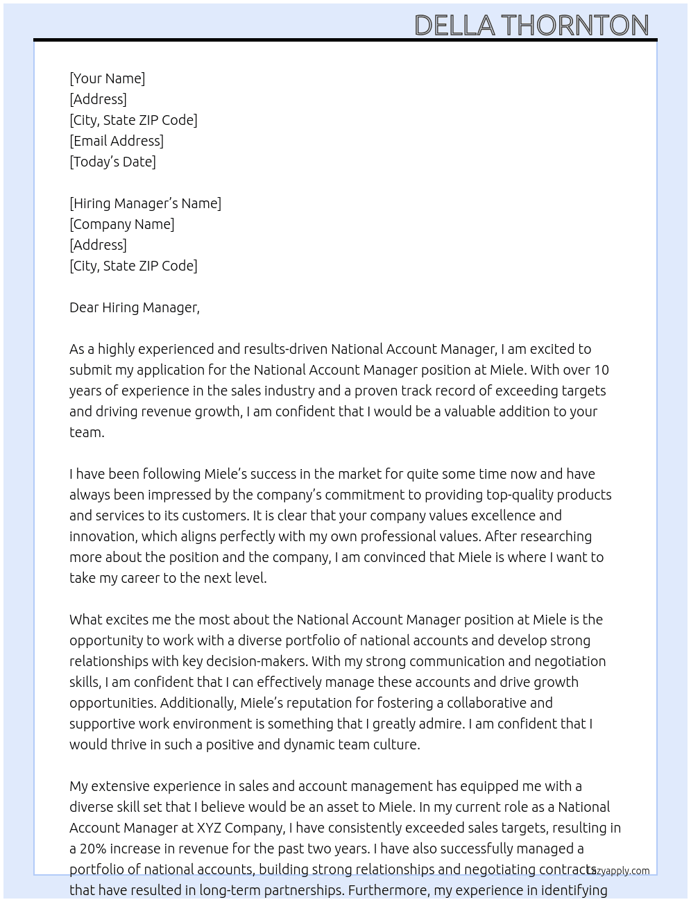 National Account Manager At Miele Cover Letter