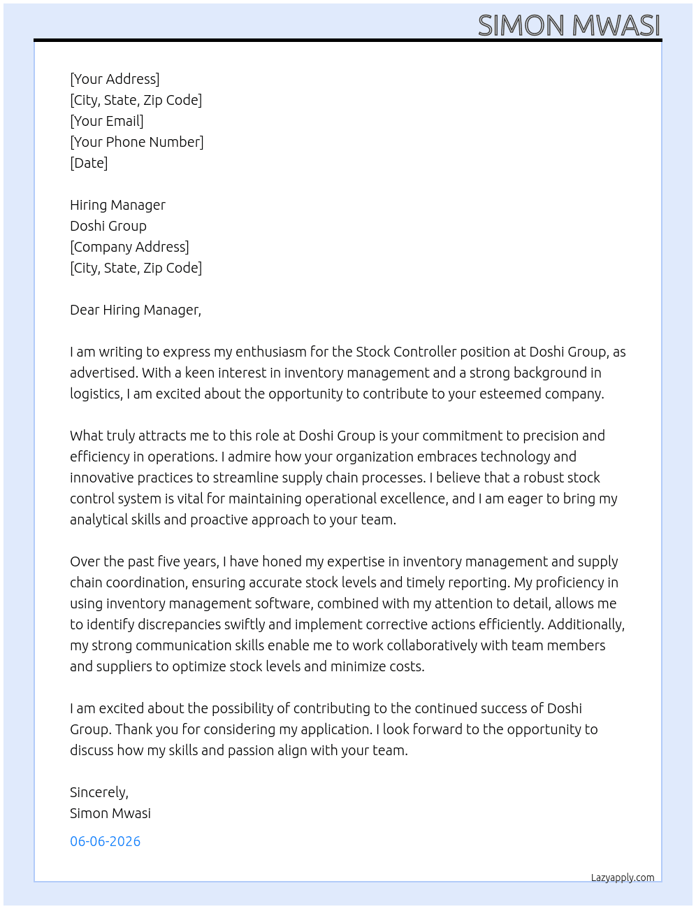 Cover letter for stock controller - LazyApply