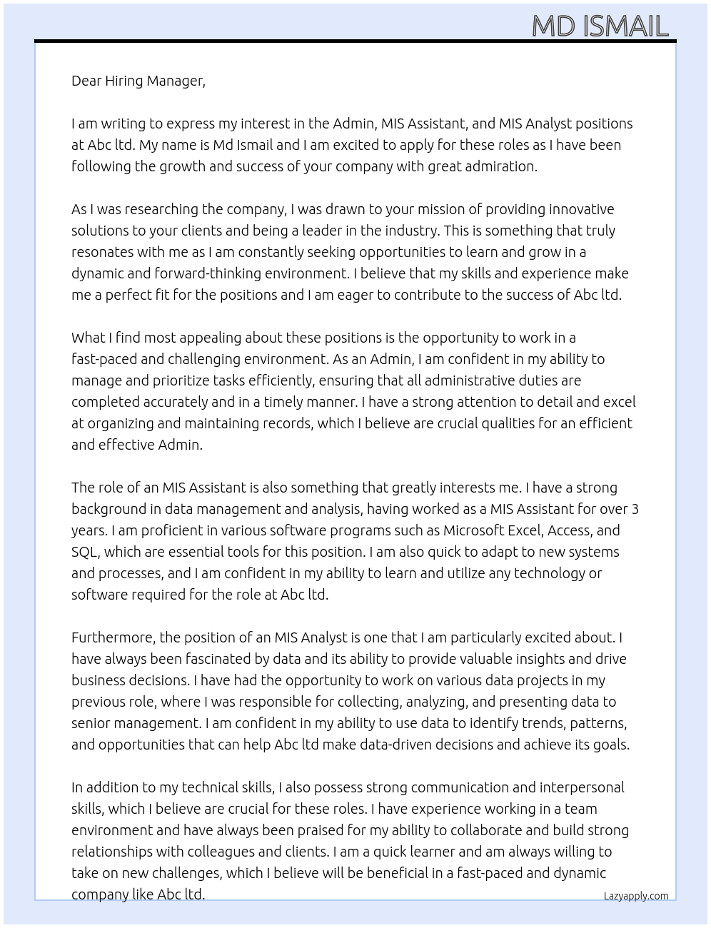 Admin, MIS Assistant and MIS Analyst  At Abc ltd Cover Letter