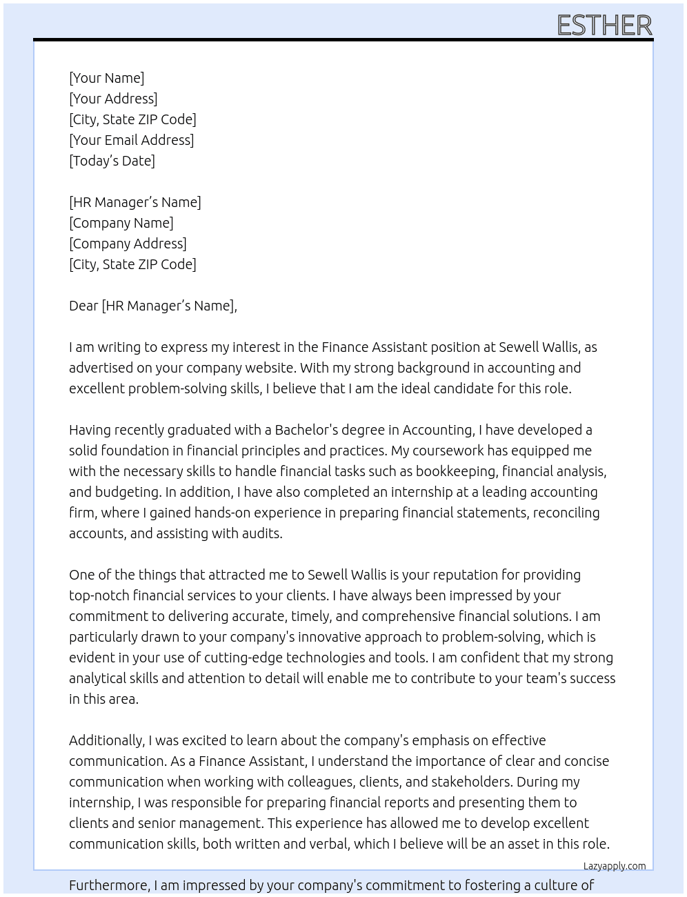 Finance Assistant At Sewell Wallis Cover Letter