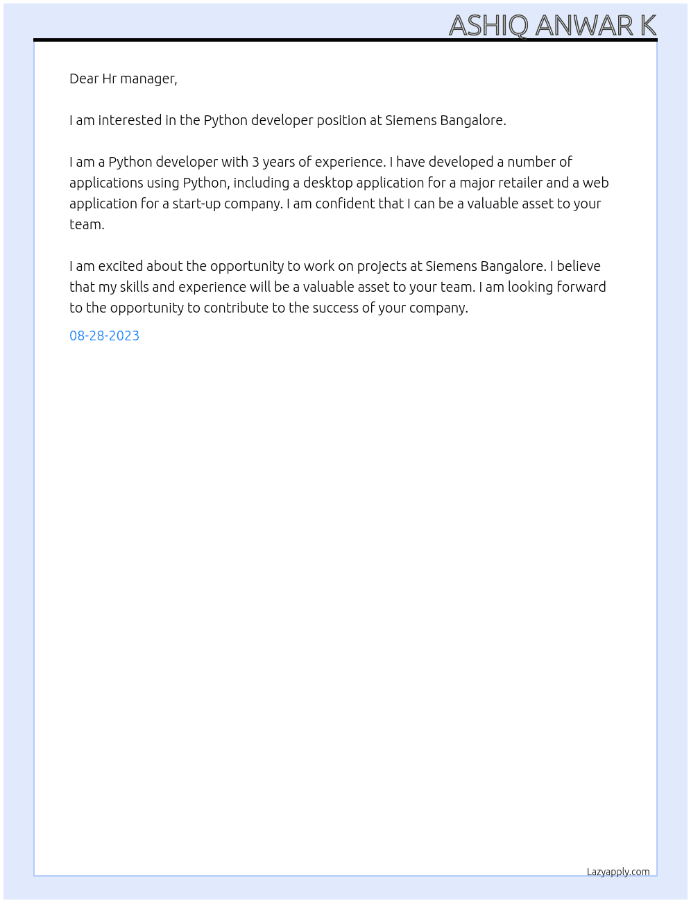 Python developer  At SIEMENS banglore  Cover Letter