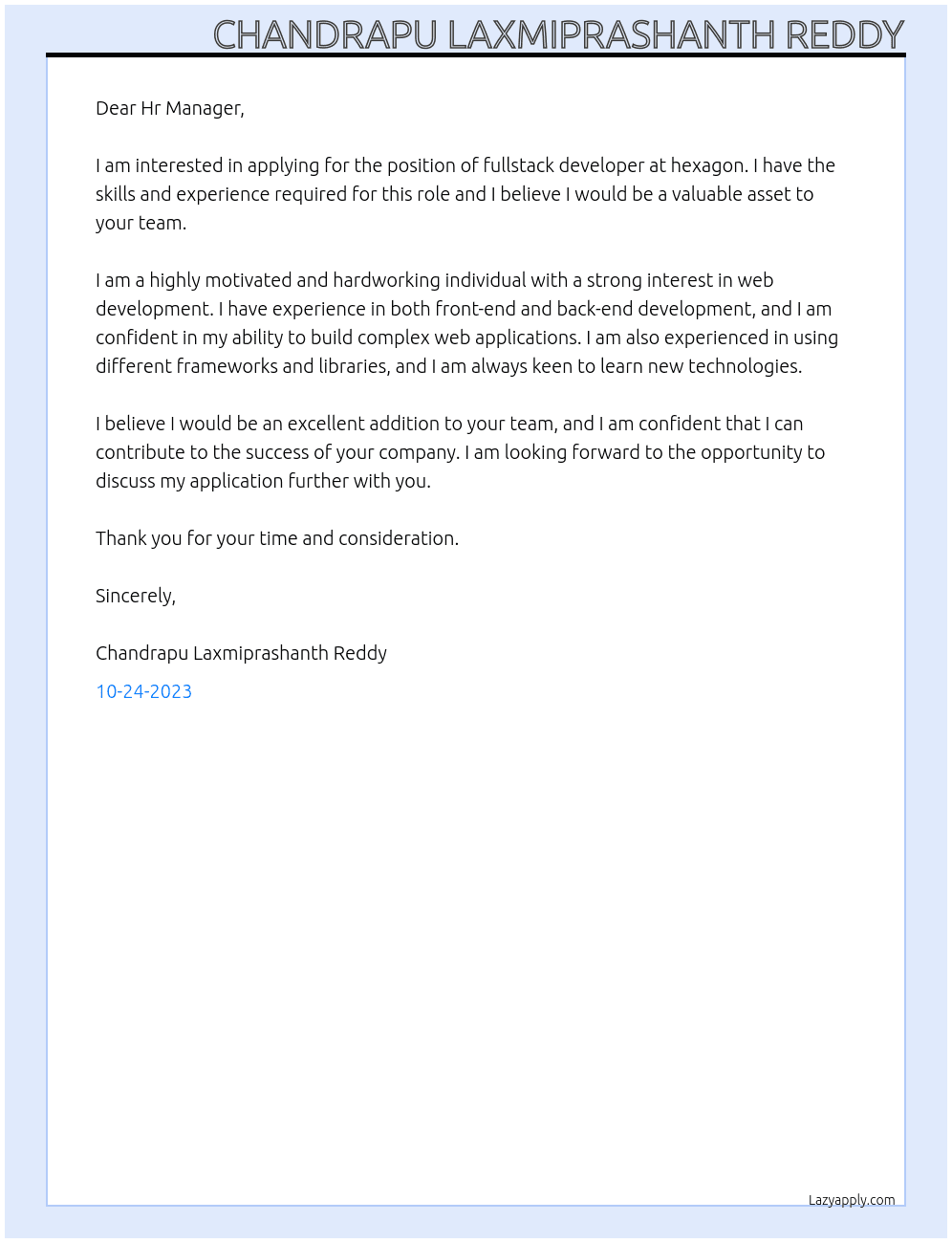fullstack developer At hexagon Cover Letter