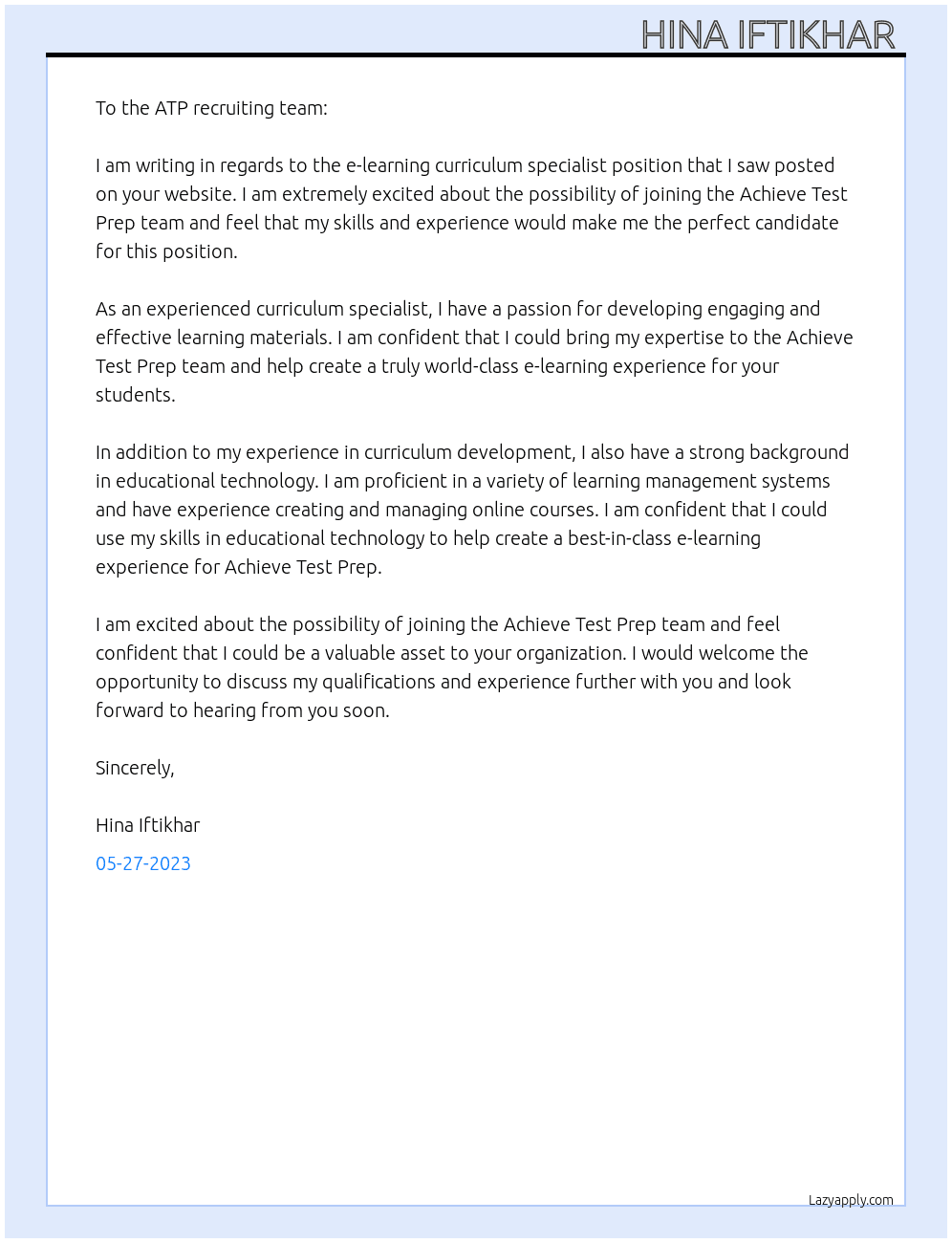 e learning curriculum specialist At Achieve Test Prep Cover Letter