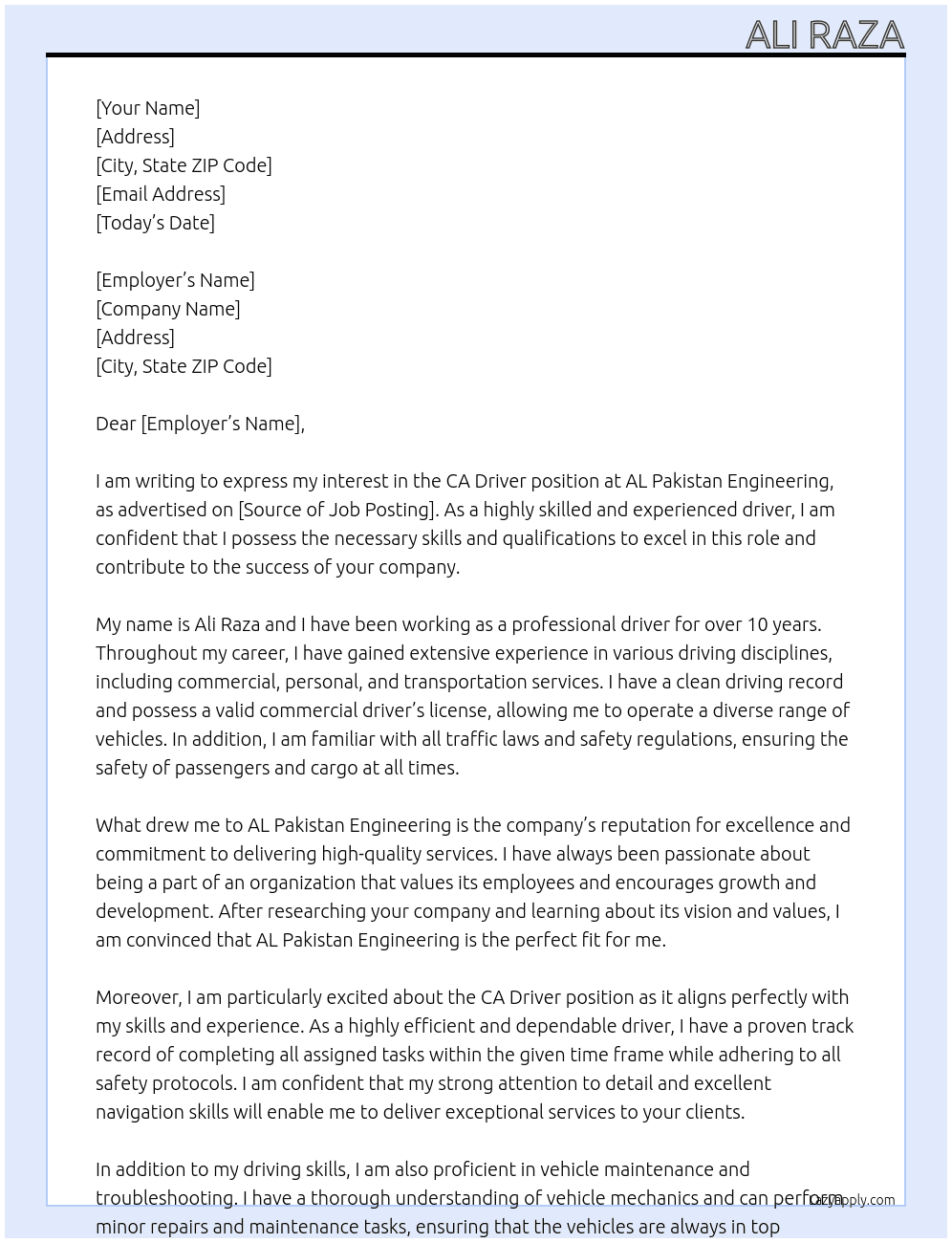 ca driver At AL Pakistan Engineering  Cover Letter