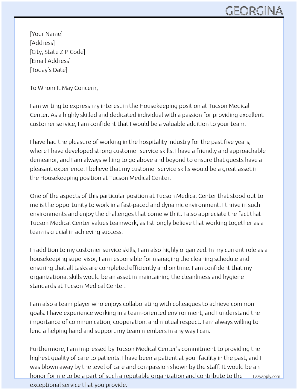 Housekeeping  At Tucson Medical Center  Cover Letter