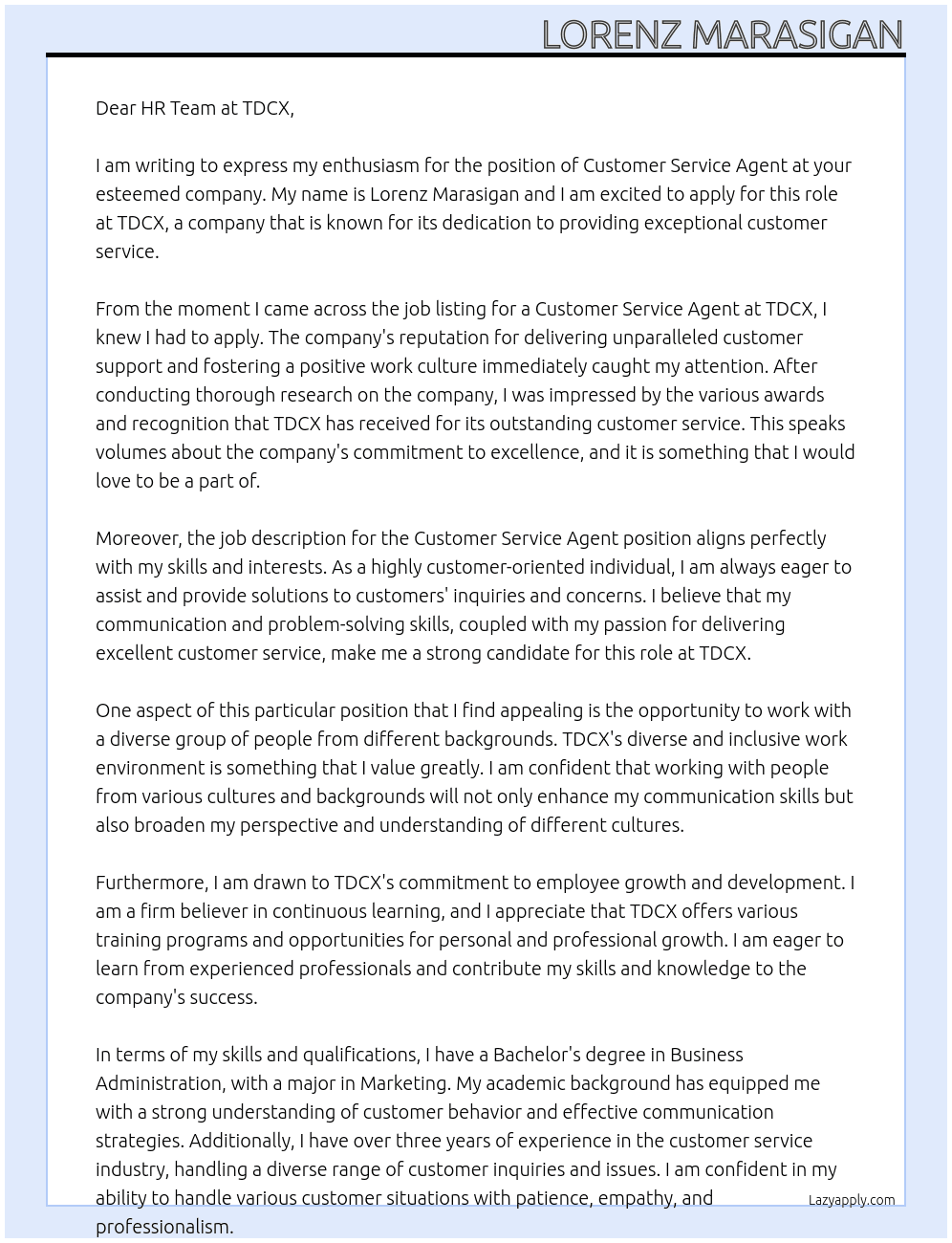 Customer Service Agent At TDCX Cover Letter