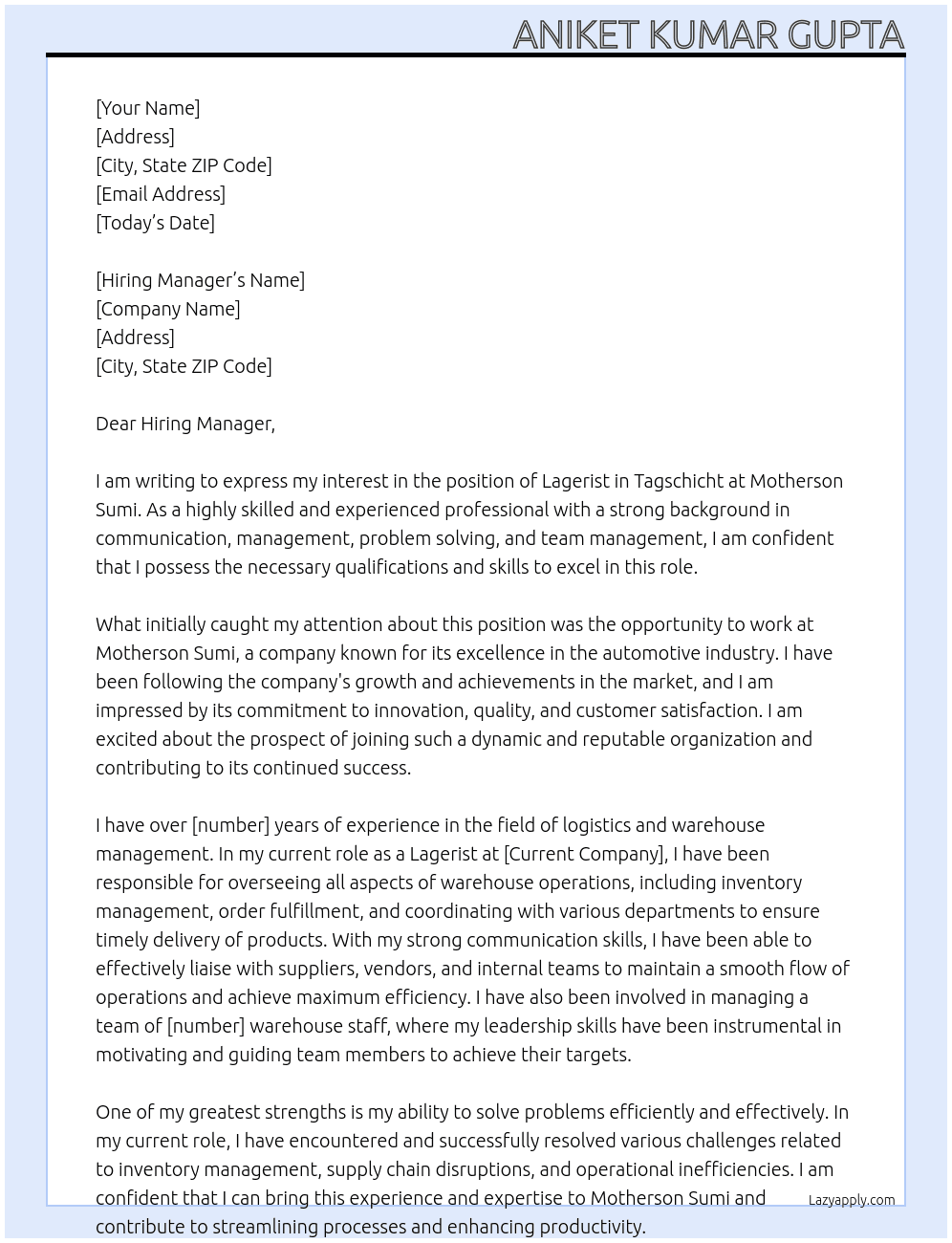 Lagerist in Tagschicht At Motherson Sumi Cover Letter