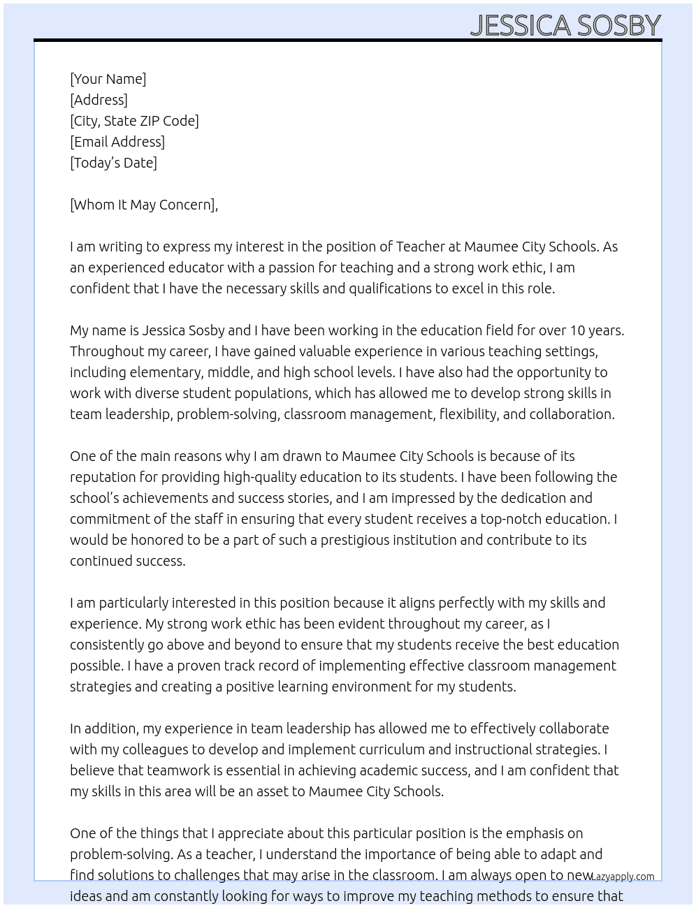 Teacher At Maumee City Schools Cover Letter