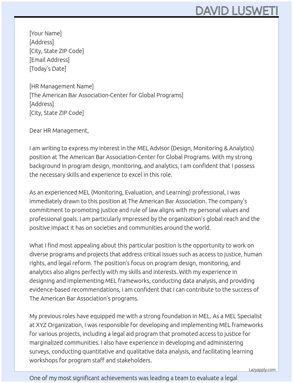 MEL Advisor (Design, Monitoring & Analytics) At The American Bar Association-Center for Global Programs Cover Letter