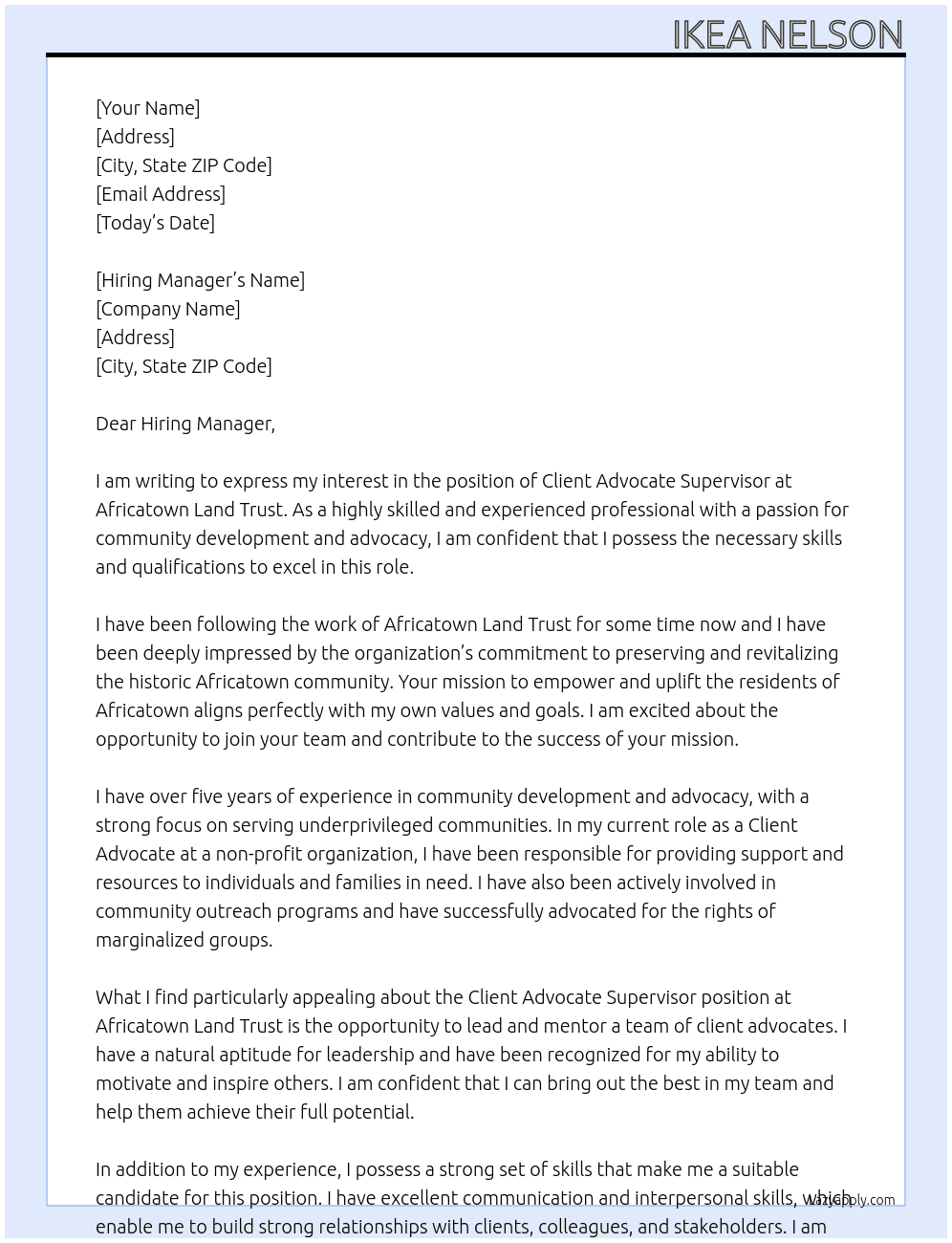 client advocate supervisor At Africatown Land Trust Cover Letter
