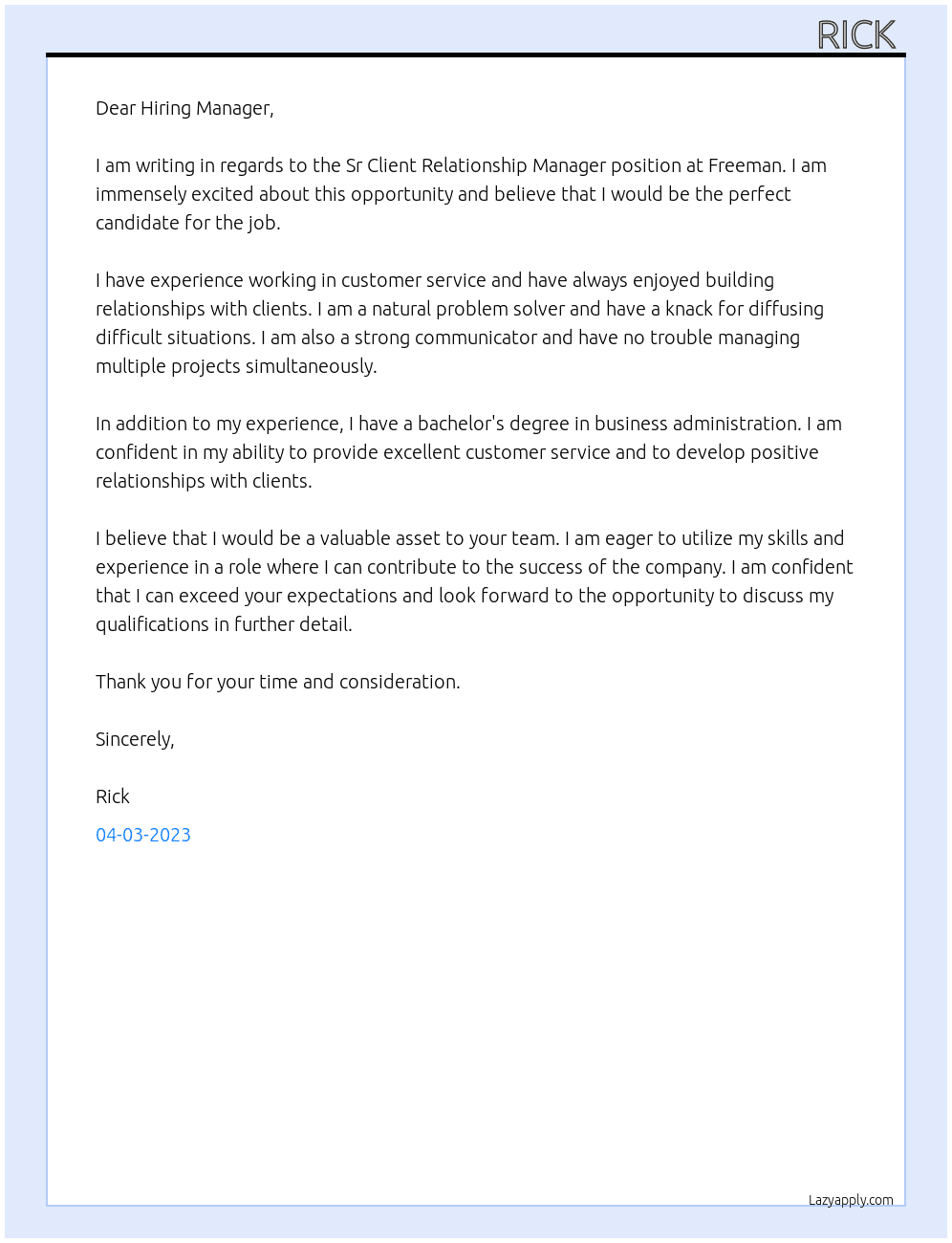 Sr Client Relationship Manager At Freeman  Cover Letter