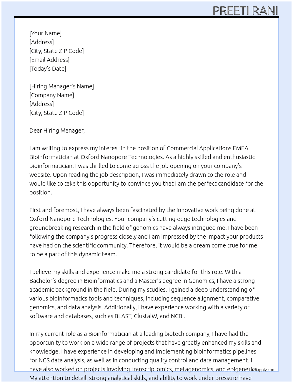 Commercial Applications EMEA Bioinformatician At Oxford Nanopore Technologies Cover Letter