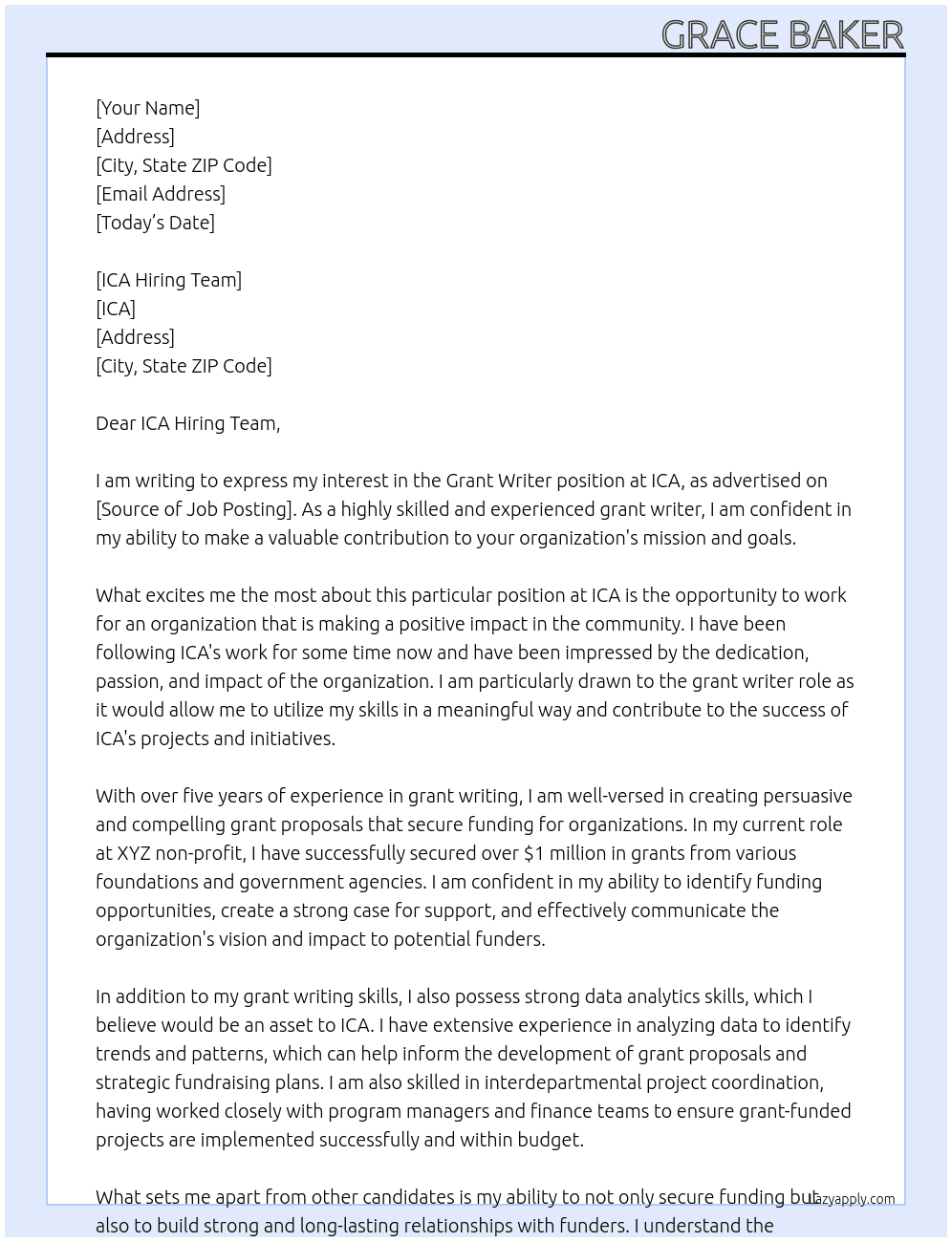Grant Writer At ICA Cover Letter