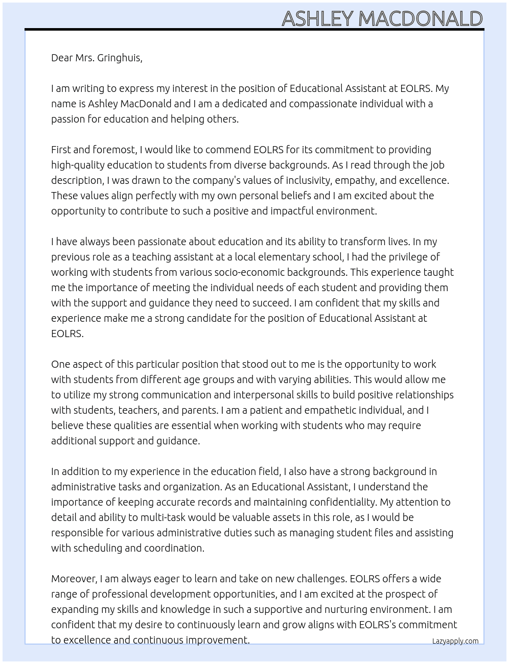 Educational Assistant At EOLRS Cover Letter