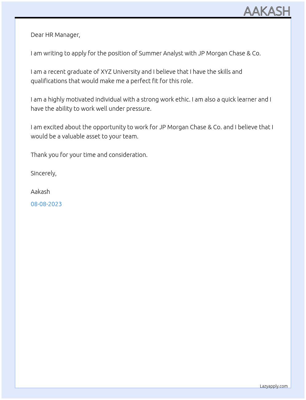Summer Analyst At JP Morgan Chase & Co Cover Letter