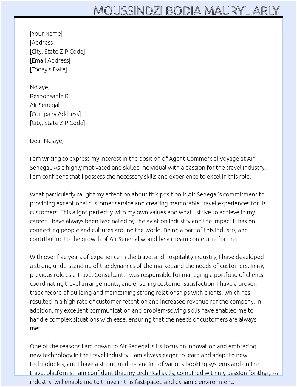 Agent commercial voyage  At Air senegal  Cover Letter