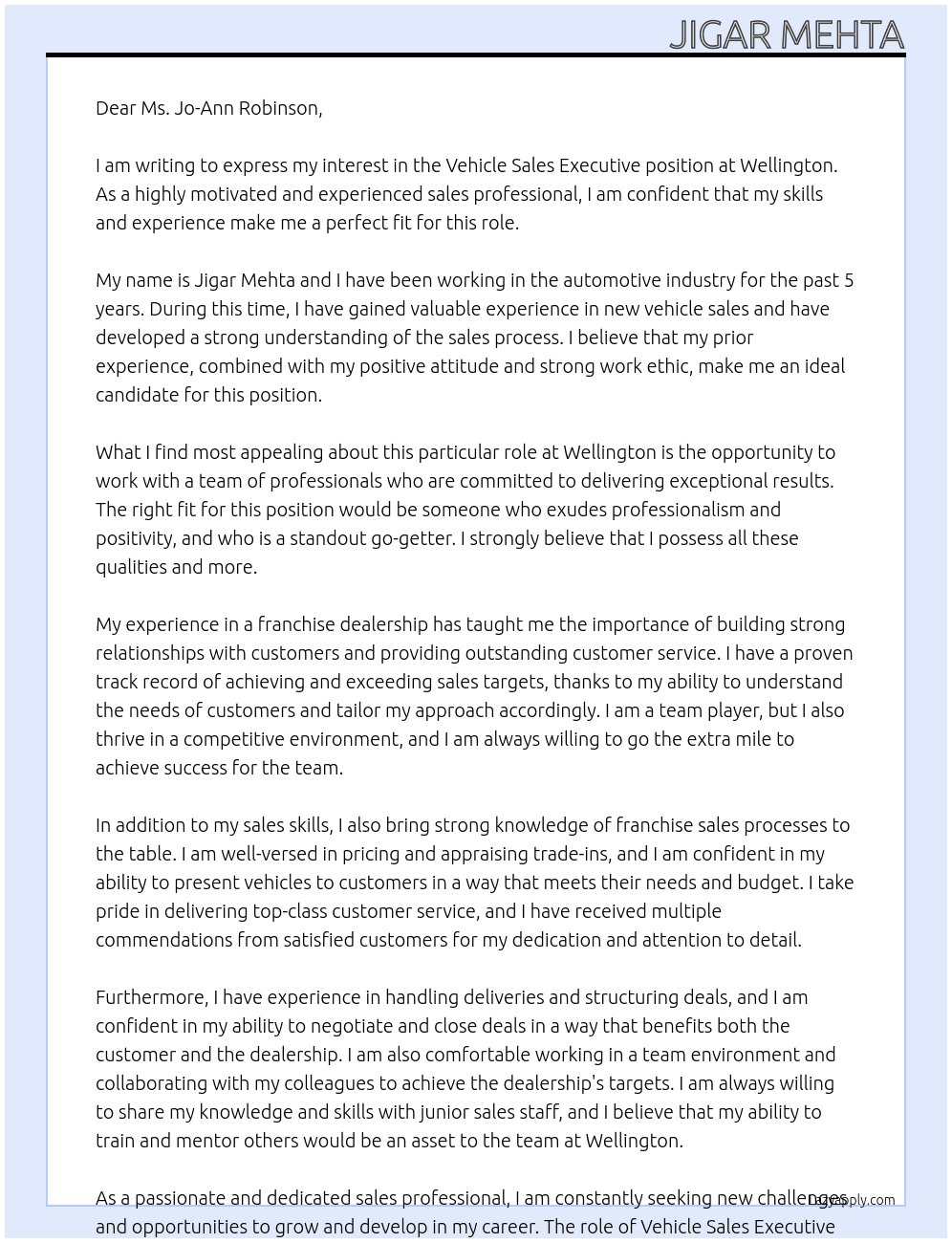 Vehicle Sales Executive At Wellington Cover Letter