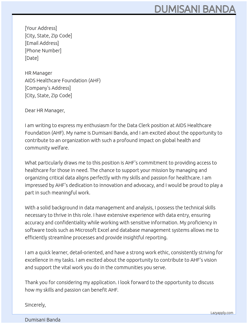 Data Clerk  At AIDS Healthcare Foundation (AHF) Cover Letter
