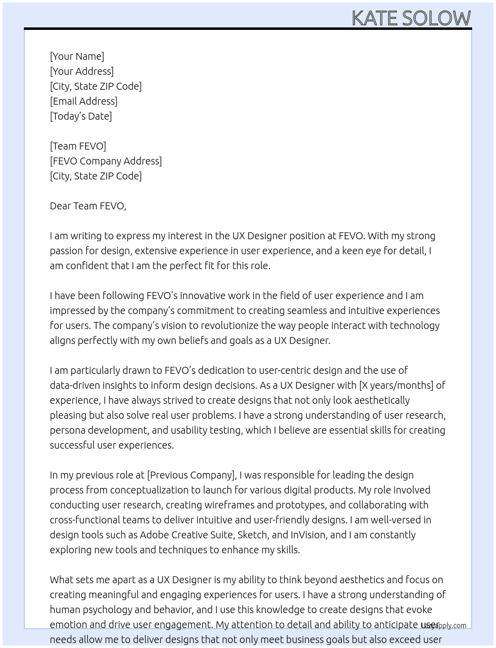 UX Designer At FEVO Cover Letter