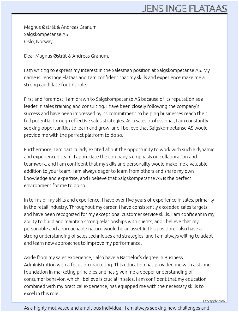 Salesman At Salgskompetanse AS Cover Letter